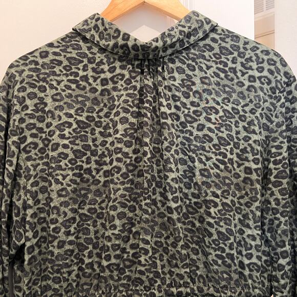 Green & Black Leopard Print Mini Dress Sz L Drawstring Rayon Casual Boho Animal - Picture 5 of 7